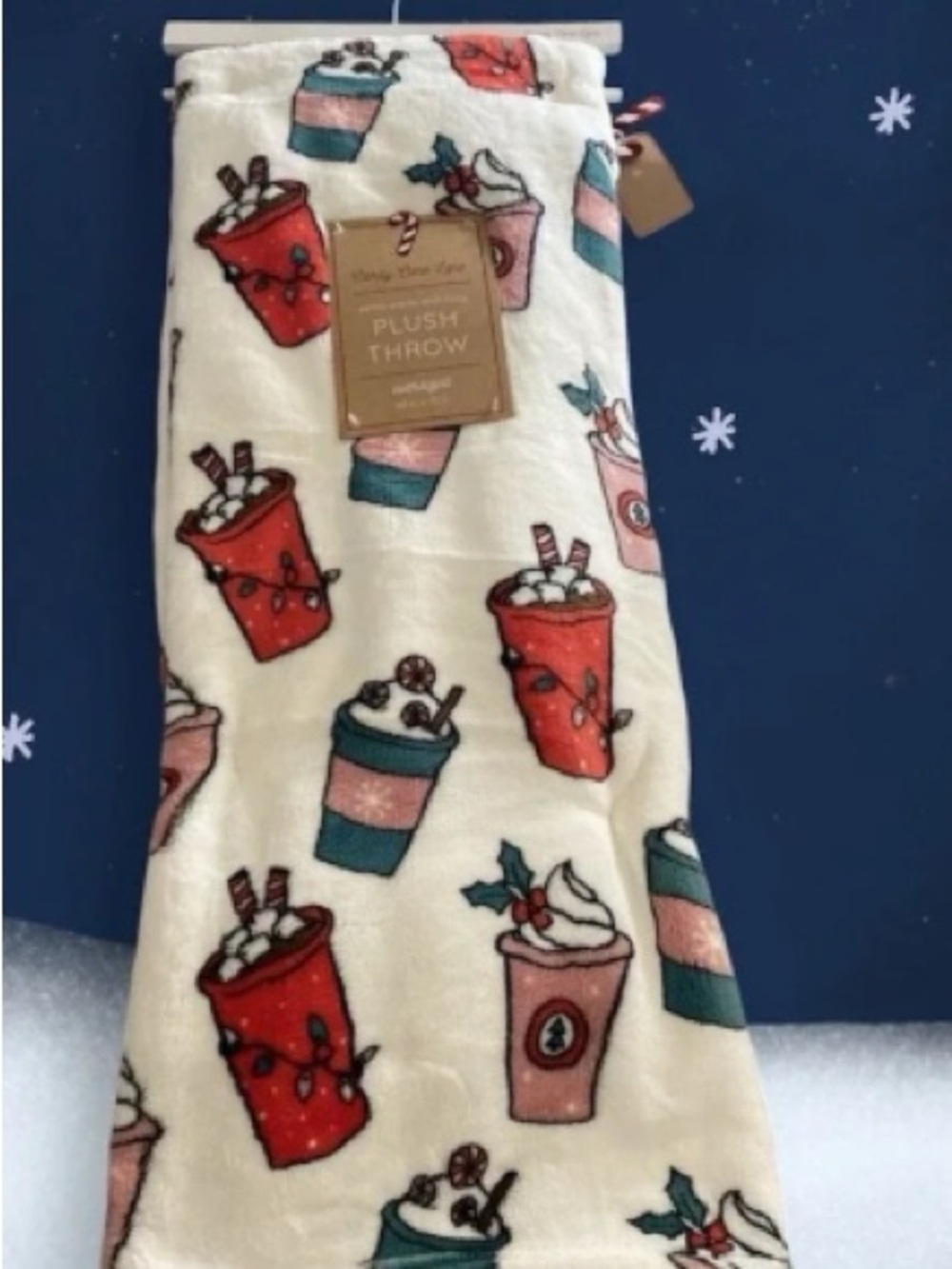 Holiday Plush Throw Blanket - Cream with Red & Teal Holiday Drink Motif